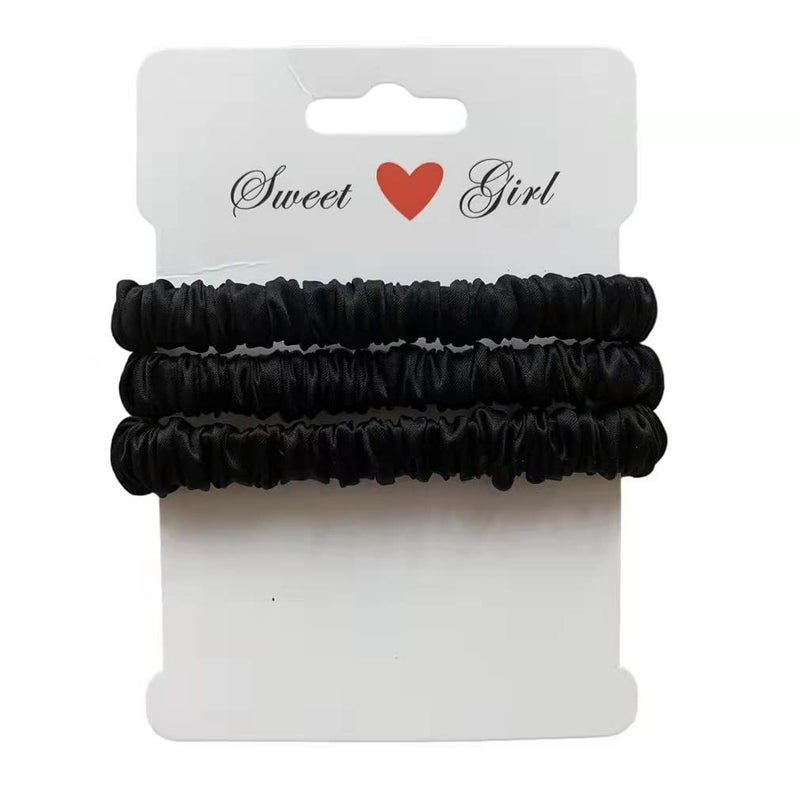 MAXFEEL 100% Pure Muberry Silk Hair Scrunchie Small Silk Scrunchy Skinny Hair Ties No Damage Elastic Scrunchies Holder For Breakage Prevention Black 3 Pack - Image 1